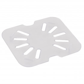 sixth-size food pan drain shelf stanton trading made from clear polycarbonate. It's designed to elevate food above the bottom of the pan, promoting drainage and keeping food fresher by reducing moisture buildup.