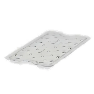 full-size food pan drain shelf stanton trading made from clear polycarbonate. It's designed to elevate food above the bottom of the pan, promoting drainage and keeping food fresher by reducing moisture buildup.