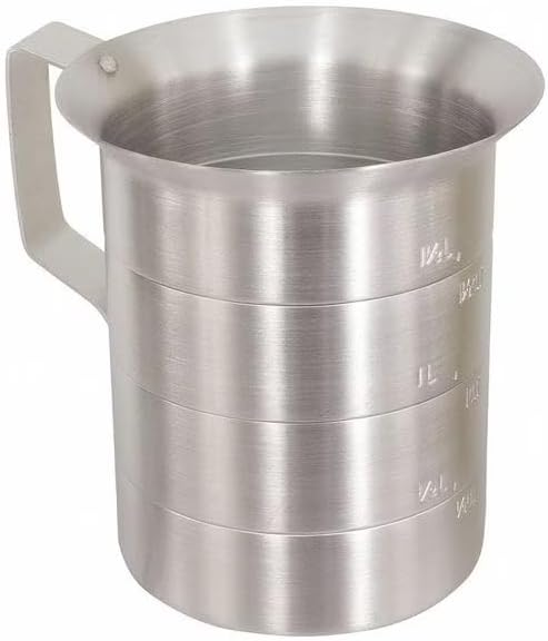 1-quart graduated measuring cup made of durable aluminum, featuring both liter and quart markings for precise measurements. Designed with a sturdy handle and a wide spout for easy pouring.