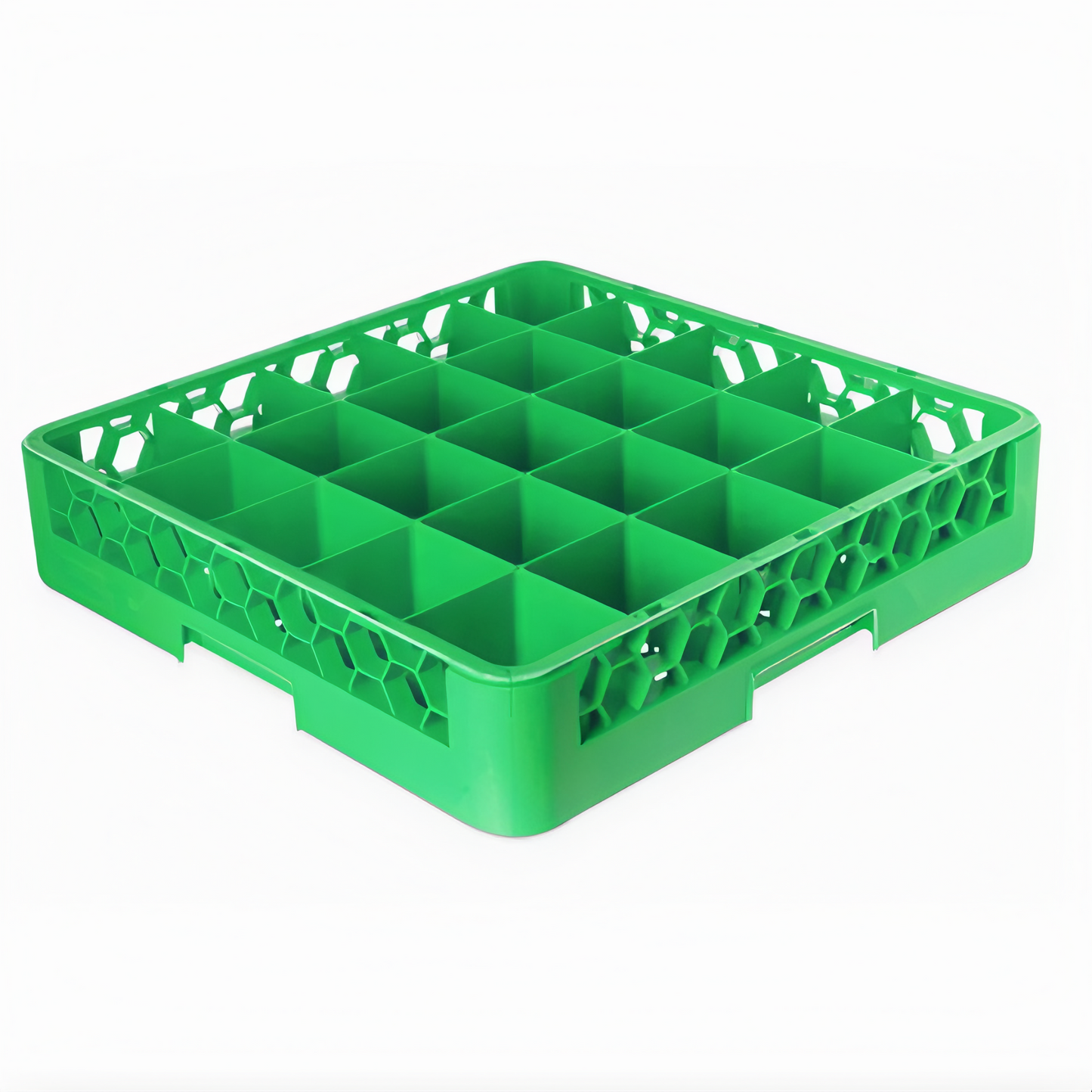 Stanton Trading Full-size glass/stemware rack with 25-compartment, 3-1/2" square compartments, open bottom and sidewalls for efficient drainage, and a maximum inside height of 2-5/8". Measures 19-5/8" x 19-5/8" and comes in green with snap-fit extenders for customizable height. Stackable design for easy storage and transport.