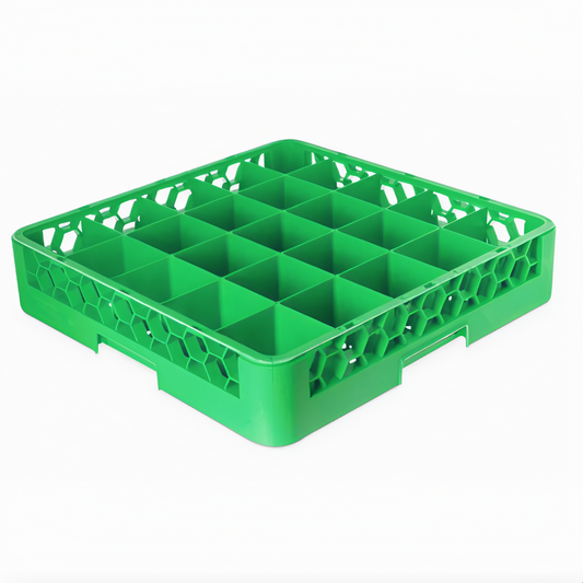 Stanton Trading Full-size glass/stemware rack with 25-compartment, 3-1/2" square compartments, open bottom and sidewalls for efficient drainage, and a maximum inside height of 2-5/8". Measures 19-5/8" x 19-5/8" and comes in green with snap-fit extenders for customizable height. Stackable design for easy storage and transport.