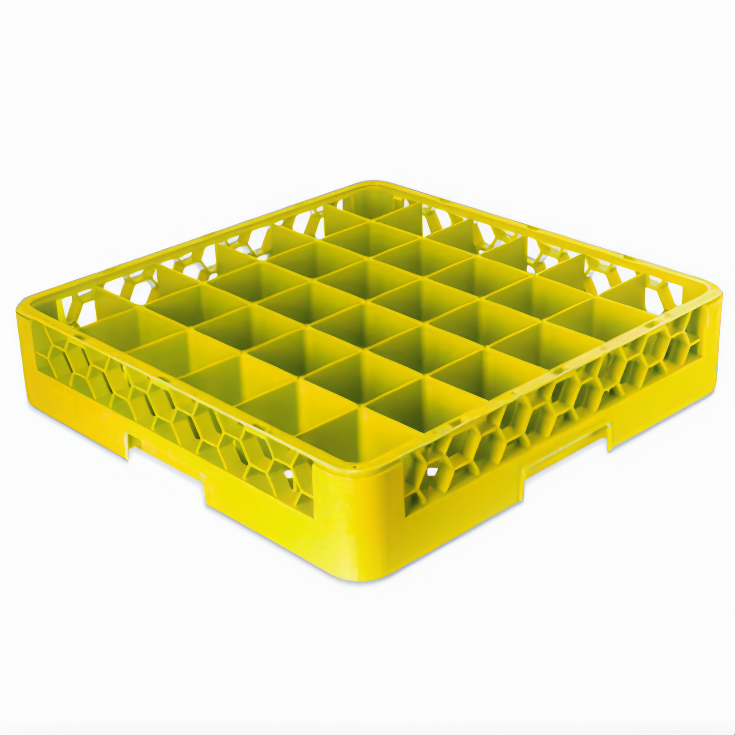 Stanton Trading Full-size glass/stemware rack with 36-compartment, 3" square compartments, open bottom and sidewalls for optimal drainage, and a maximum inside height of 2-5/8". Measures 19-5/8" x 19-5/8" and comes in yellow with snap-fit extenders for adjustable height. Stackable design for convenient storage and transport.