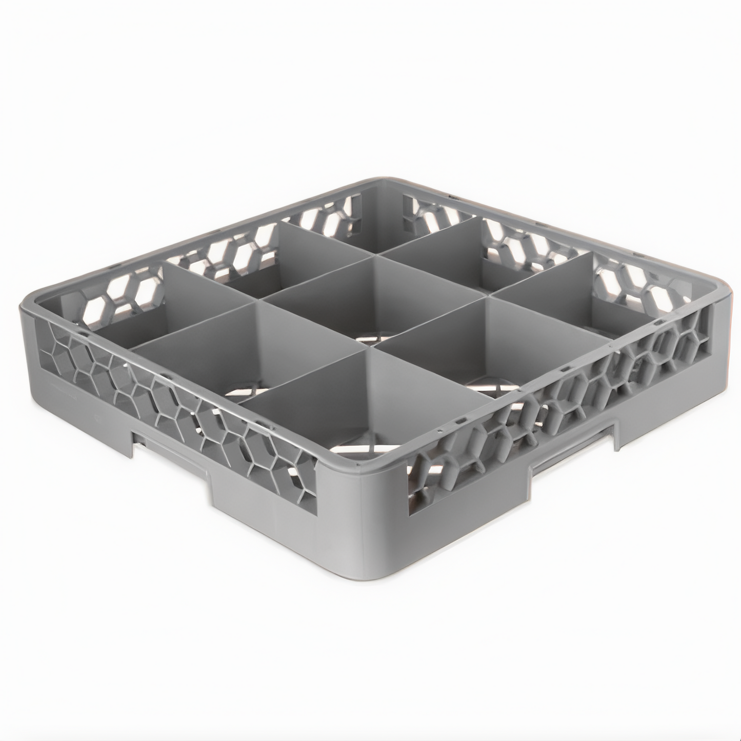Stanton Trading Full-size glass/stemware rack with 9-compartment, 6" square compartments, open bottom and sidewalls for efficient drainage, and a maximum inside height of 2-5/8". Measures 19-5/8" x 19-5/8" and comes in gray with snap-fit extenders for customizable height. Stackable design for easy storage and transport.