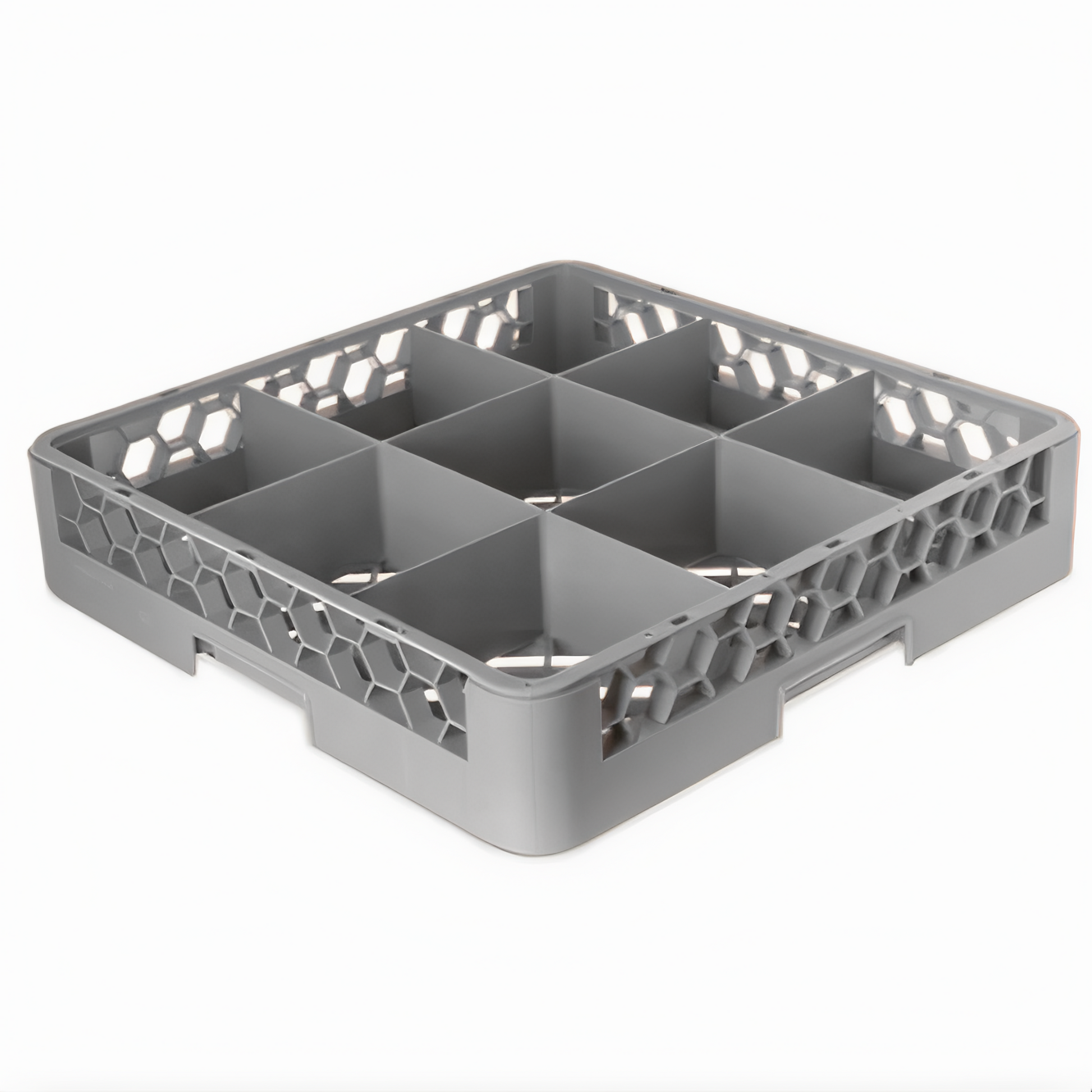 Stanton Trading Full-size glass/stemware rack with 9-compartment, 6" square compartments, open bottom and sidewalls for efficient drainage, and a maximum inside height of 2-5/8". Measures 19-5/8" x 19-5/8" and comes in gray with snap-fit extenders for customizable height. Stackable design for easy storage and transport.