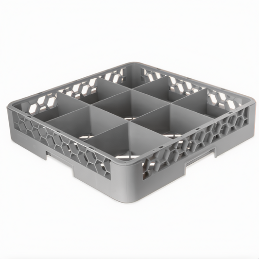 Stanton Trading Full-size glass/stemware rack with 9-compartment, 6" square compartments, open bottom and sidewalls for efficient drainage, and a maximum inside height of 2-5/8". Measures 19-5/8" x 19-5/8" and comes in gray with snap-fit extenders for customizable height. Stackable design for easy storage and transport.