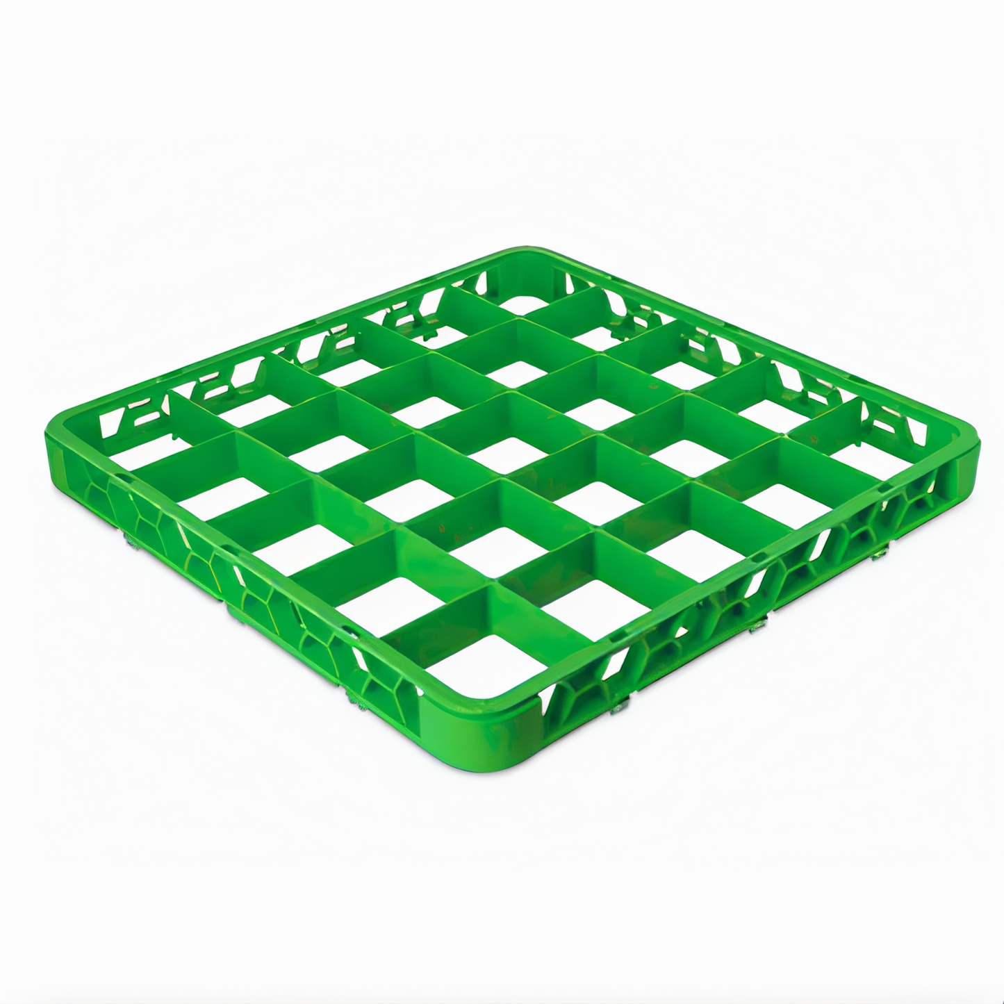 Stanton Trading Full-size dishwasher rack extender with 25-compartment, 3-1/2" x 3-1/2" compartments size, measuring 19-5/8"W x 19-5/8"D x 1-3/4"H. Designed to increase rack height for enhanced protection and stability. Green color, durable, and compatible with standard dishwasher racks.