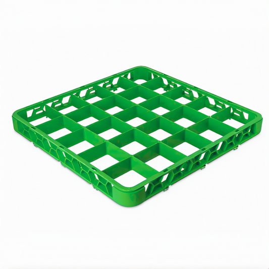 Stanton Trading Full-size dishwasher rack extender with 25-compartment, 3-1/2" x 3-1/2" compartments size, measuring 19-5/8"W x 19-5/8"D x 1-3/4"H. Designed to increase rack height for enhanced protection and stability. Green color, durable, and compatible with standard dishwasher racks.
