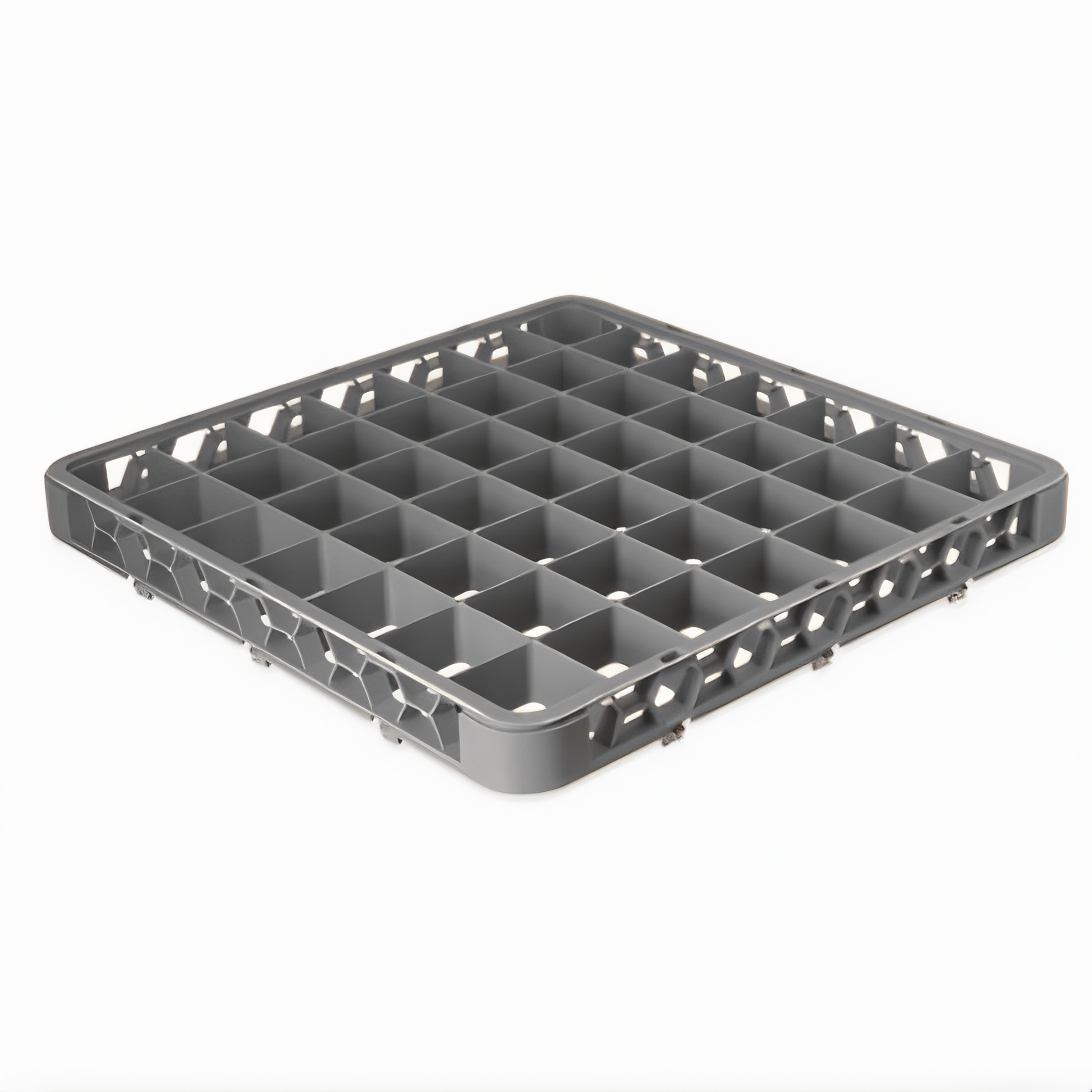 Stanton Trading Full-size dishwasher rack extender with 49-compartment, -5/8" x 2-5/8" compartments size, measuring 19-5/8"W x 19-5/8"D x 1-3/4"H. Designed to increase rack height for enhanced protection and stability. Gray color, durable, and compatible with standard dishwasher racks.