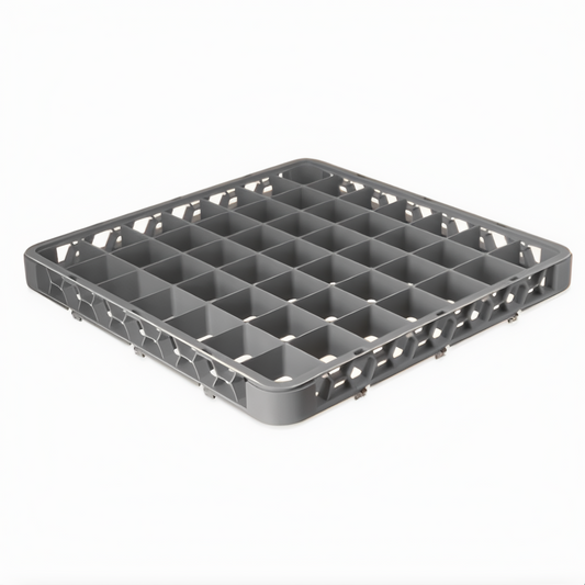 Stanton Trading Full-size dishwasher rack extender with 49-compartment, -5/8" x 2-5/8" compartments size, measuring 19-5/8"W x 19-5/8"D x 1-3/4"H. Designed to increase rack height for enhanced protection and stability. Gray color, durable, and compatible with standard dishwasher racks.