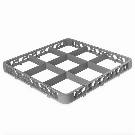 Stanton Trading Full-size dishwasher rack extender with 9-compartment, 6" x 6" compartments size, measuring 19-5/8"W x 19-5/8"D x 1-3/4"H. Designed to expand rack height for better protection and stability. Gray color, durable, and compatible with standard dishwasher racks.
