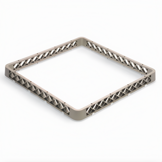 Stanton Trading Full-size dishwasher rack extender with an open compartment measuring 17-15/16"W x 17-15/16"D, overall dimensions of 19-5/8"W x 19-5/8"D x 1-3/4"H. Designed to increase rack height for improved protection and stability. Gray color, durable, and compatible with standard dishwasher racks.
