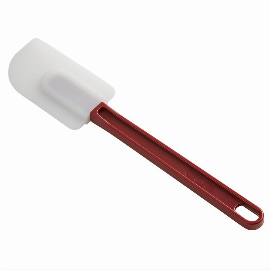 10" Heat-Resistant Scraper, Stanton Trading, features a flexible silicone blade and durable red handle. Withstands high temperatures, perfect for mixing, folding, and scraping. Ideal for professional chefs and home cooks in demanding kitchen environments.
