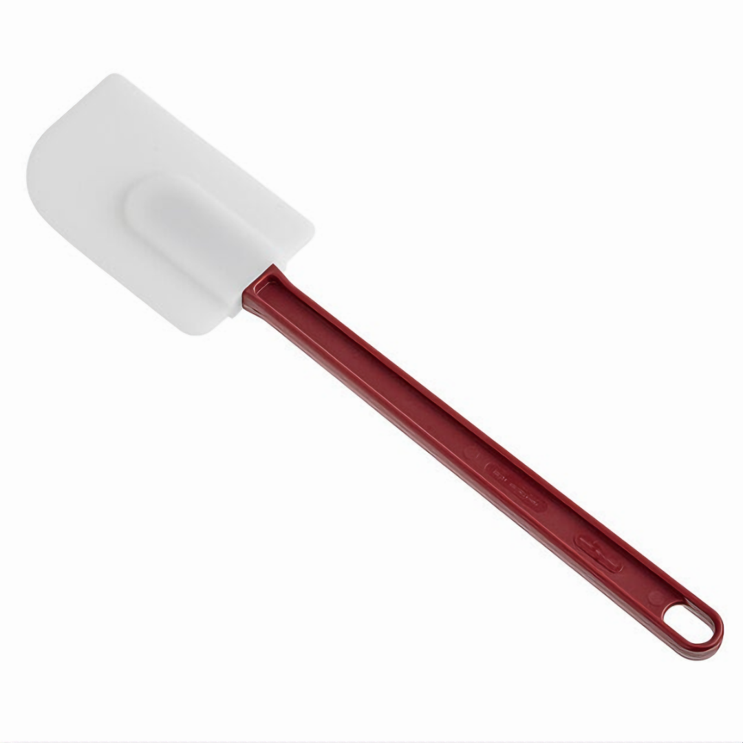 14" Heat-Resistant Scraper, Stanton Trading, features a flexible silicone blade and durable red handle. Withstands high temperatures, perfect for mixing, folding, and scraping. Ideal for professional chefs and home cooks in demanding kitchen environments.