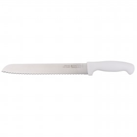 10-inch cutting-edge bread knife stanton trading with a pointed tip and a stain-free stainless steel blade for precise slicing. Features a durable white polypropylene (PP) handle for a secure grip and easy cleaning. The serrated edge ensures effortless cutting through bread and baked goods.