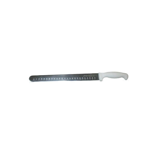 Cutting edge 12" slicer knife stanton trading features a straight edge for precise slicing of meats and large cuts. Made from stain-free, high-carbon stainless steel, it ensures durability and sharpness. The ergonomic white polypropylene handle provides a secure and comfortable grip.