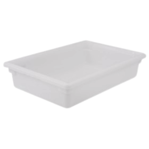Stanton Trading 8.75 gallon capacity, white polyethylene food storage box with dimensions of 18" x 26" x 6". Designed for durable food storage, it is ideal for commercial kitchens and complies with NSF standards.
