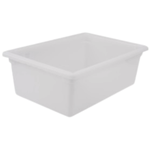 Stanton Trading 13 gallon capacity, white polyethylene food storage box with dimensions of 18" x 26" x 9". Designed for durable food storage, it is ideal for commercial kitchens and complies with NSF standards.