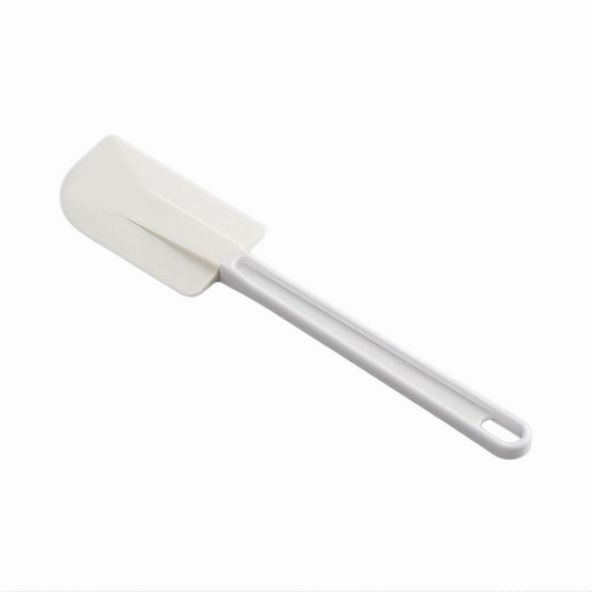 10-inch flat scraper stanton trading with a rubber blade and white plastic handle, ideal for mixing, folding, and scraping ingredients with precision.
