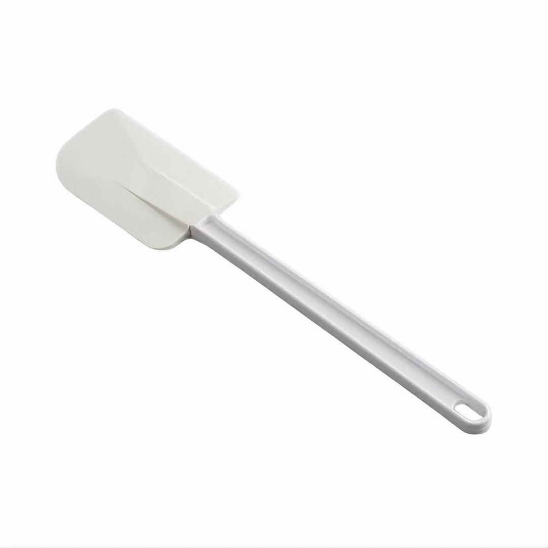 14-inch flat scraper stanton trading with a rubber blade and white plastic handle, ideal for mixing, folding, and scraping ingredients with precision.