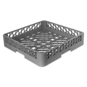 Stanton Trading Full-size open dishwasher rack measuring 19-5/8"W x 19-5/8"D x 4"H, with an inside height of 3-1/4". Features an open bottom and sidewalls for efficient drainage and airflow. Gray color with snap-fit extenders for adjustable height. Stackable design for easy storage and transport.