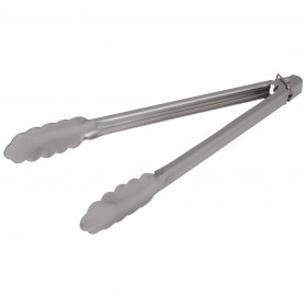 12-inch heavy-duty stainless steel utility tongs stanton trading with scalloped edges, spring action for easy use, and a locking ring for secure storage.