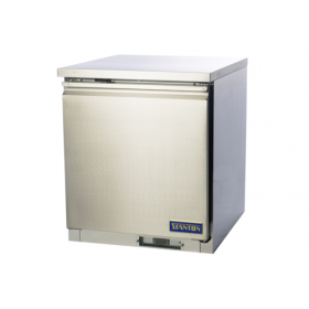 Stanton Trading one-section undercounter freezer with self-contained refrigeration. Features a self-closing, field-reversible door, digital display, EZ slide-out condenser, and cool air intake system. Stainless steel construction with a PVC-coated shelf, casters (two with brakes), and R290 refrigerant. Runs on 115V, 3.5 amps, 1/4 HP, ETL-Sanitation, and cETLus certified.