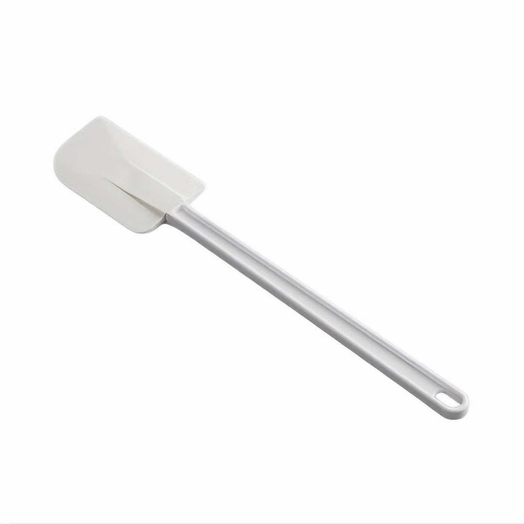 16-inch flat scraper stanton trading with a rubber blade and white plastic handle, ideal for mixing, folding, and scraping ingredients with precision.