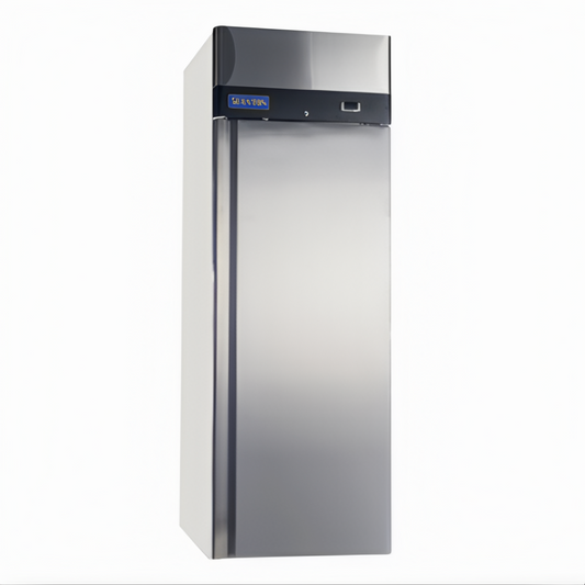 Stanton Trading 1-Solid Door Reach-in Freezer, 27"W x 32-7/10"D x 82-7/10"H, with top-mount self-contained refrigeration (-1° to -7°F). Features a self-closing, field-reversible door, digital display, LED lighting, and EZ slide-out condenser. Stainless steel construction with (3) epoxy-coated shelves, casters, and R290 refrigerant. Runs on 115V, 11 amps, 5/8 HP, ETL-Sanitation, and cETLus certified.