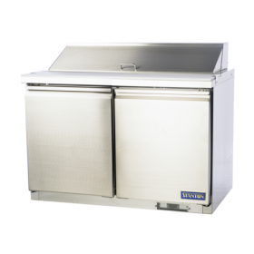Stanton Trading two-section sandwich/salad mega top refrigerator with bottom-mount self-contained refrigeration. Includes (18) 1/6 pans (4" deep) and a full-length 5/8" poly-vinyl cutting board. Features (2) self-closing doors, digital display, EZ slide-out condenser, and stainless steel construction. Equipped with (2) PVC-coated shelves, casters (two with brakes), and R290 refrigerant. Runs on 115V, 4.3 amps, 1/2 HP, ETL-Sanitation, and cETLus certified.
