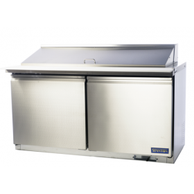 Stanton Trading two-section sandwich/salad mega top refrigerator with bottom-mount self-contained refrigeration. Includes (24) 1/6 pans (4" deep) and a full-length 5/8" poly-vinyl cutting board. Features (2) self-closing doors, digital display, EZ slide-out condenser, and stainless steel construction. Equipped with (2) PVC-coated shelves, casters (two with brakes), and R290 refrigerant. Runs on 115V, 4.3 amps, 1/2 HP, ETL-Sanitation, and cETLus certified.