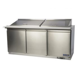 Stanton Trading three-section sandwich/salad mega top refrigerator with bottom-mount self-contained refrigeration. Includes (27) 1/6 pans (4" deep) and a full-length 5/8" poly-vinyl cutting board. Features (3) self-closing doors, digital display, EZ slide-out condenser, and stainless steel construction. Equipped with (6) PVC-coated shelves, casters (two with brakes), and R290 refrigerant. Runs on 115V, 4.3 amps, 1/2 HP, ETL-Sanitation, and cETLus certified.