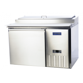 Stanton Trading two-section pizza prep table with self-contained refrigeration. Includes (9) 1/3 pans (4" deep) and a stainless steel top, front, sides, and interior. Features (2) self-closing doors, digital display, (2) PVC-coated shelves, and casters (two with brakes). Uses R290 refrigerant, 115V, 5 amps, 1/2 HP, UL EPH Classified, and cULus certified.