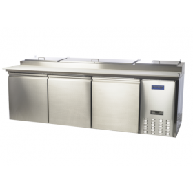 Stanton Trading three-section pizza prep table with self-contained refrigeration. Includes (12) 1/3 pans (4" deep) and a stainless steel top, front, sides, and interior. Features (3) self-closing doors, digital display, (3) PVC-coated shelves, and casters (two with brakes). Uses R290 refrigerant, 115V, 5.5 amps, 3/4 HP, UL EPH Classified, and cULus certified.