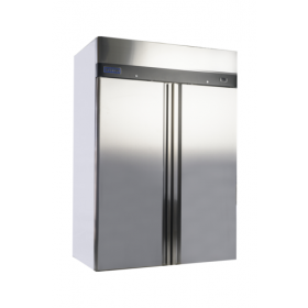 Stanton Trading two-section reach-in refrigerator, 54"W x 34-3/10"D x 82-5/16"H, with top-mount self-contained refrigeration. Features (2) self-closing doors, digital display, LED lighting, EZ slide-out condenser, and (6) epoxy-coated shelves. Stainless steel construction with casters and R290 refrigerant. Runs on 115V, 4.5 amps, 1/4 HP, ETL-Sanitation, and cETLus certified.