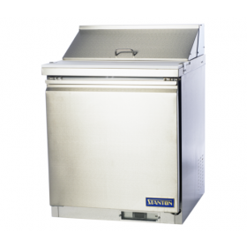 Stanton Trading one-section sandwich/salad top refrigerator with self-contained refrigeration. Includes (8) 1/6 pans (4" deep) and a full-length 5/8" poly-vinyl cutting board. Features a self-closing door, digital display, EZ slide-out condenser, and stainless steel construction. Comes with a PVC-coated shelf, casters (two with brakes), and uses R290 refrigerant. Runs on 115V, 3 amps, 1/3 HP, ETL-Sanitation, and cETLus certified.