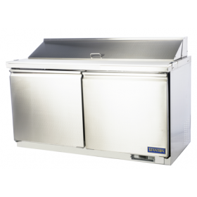 Stanton Trading two-section sandwich/salad top refrigerator with self-contained refrigeration. Includes (16) 1/6 pans (4" deep) and a full-length 5/8" poly-vinyl cutting board. Features (2) self-closing doors, digital display, EZ slide-out condenser, and stainless steel construction. Comes with (2) PVC-coated shelves, casters (two with brakes), and uses R290 refrigerant. Runs on 115V, 4.3 amps, 1/2 HP, ETL-Sanitation, and cETLus certified.