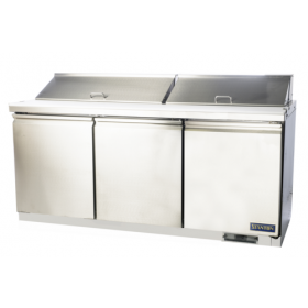Stanton Trading three-section sandwich/salad top refrigerator with self-contained refrigeration. Includes (18) 1/6 pans (4" deep) and a full-length 5/8" poly-vinyl cutting board. Features (3) self-closing doors, digital display, EZ slide-out condenser, and stainless steel construction. Comes with (6) PVC-coated shelves, casters (two with brakes), and uses R290 refrigerant. Runs on 115V, 4.3 amps, 1/2 HP, ETL-Sanitation, and cETLus certified.