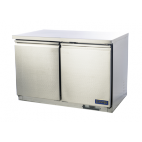 Stanton Trading two-section undercounter freezer with self-contained refrigeration (7° to -1°F). Features (2) self-closing doors, digital display, EZ slide-out condenser, and cool air intake system. Stainless steel construction with (2) PVC-coated shelves, casters (two with brakes), and R290 refrigerant. Runs on 115V, 2.4 amps, 1/2 HP, ETL-Sanitation, and cETLus certified.