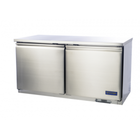 Stanton Trading two-section undercounter freezer with self-contained refrigeration. Features (2) self-closing doors, digital display, EZ slide-out condenser, and cool air intake system. Stainless steel construction with (2) PVC-coated shelves, casters (two with brakes), and a 5/8 HP motor. Runs on 115V, 10 amps, UL, cUL, NSF 7, and UL-471 certified.
