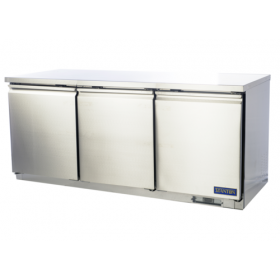 Stanton Trading three-section undercounter freezer with self-contained refrigeration. Features (3) self-closing doors, digital display, EZ slide-out condenser, and cool air intake system. Stainless steel construction with (3) PVC-coated shelves, casters (two with brakes), and a 5/8 HP motor. Runs on 115V, 10 amps, UL, cUL, NSF 7, and UL-471 certified.