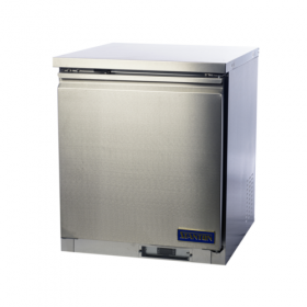 Stanton Trading one-section, reach-in undercounter refrigerator, 27-4/5"W self-contained refrigeration, self-closing field-reversible door, PVC-coated shelf, digital display with self-diagnostics, EZ slide-out condenser, stainless steel construction, four casters (two with brakes), R600a refrigerant, 1/8 HP, 115V, ETL-Sanitation, cETLus certified.