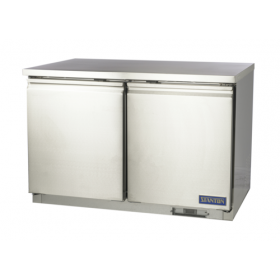 Stanton Trading two-section undercounter refrigerator, 48-1/5"W, self-contained refrigeration, self-closing field-reversible door, PVC-coated shelf, digital display with self-diagnostics, EZ slide-out condenser, stainless steel construction, four casters (two with brakes), R600a refrigerant, 3/8 HP, 115V, ETL-Sanitation, cETLus certified.