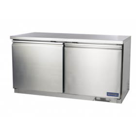 Stanton Trading Undercounter refrigerator, two-section, 61-1/5"W, self-contained refrigeration, (2) self-closing doors, digital display with self-diagnostics, EZ slide-out condenser, stainless steel construction, (2) PVC-coated shelves, casters (2 with brakes), 115V, 5A, 3/8 HP, with UL, cUL, NSF 7, UL-471 for food safety and quality compliance.