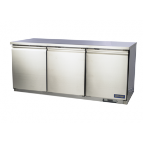 Stanton Trading  three-section undercounter refrigerator, self-contained refrigeration, (3) hinged solid doors, (3) PVC-coated shelves, digital display with self-diagnostics, EZ slide-out condenser, stainless steel construction, (4) casters (2 with brakes), R290 refrigerant, 3/8 HP, 115V, ETL-Sanitation, cETLus certified.