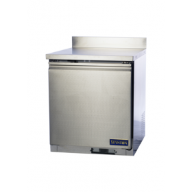Stanton Trading one-section worktop freezer, 27-4/5"W, with a 3" backsplash, self-contained refrigeration, -11° to -1°F temperature range. Features a self-closing door, PVC-coated shelf, digital display with self-diagnostics, EZ slide-out condenser, stainless steel construction, (4) casters (2 with brakes), 1/2 HP, 115V, ETL-Sanitation, cETLus certified.