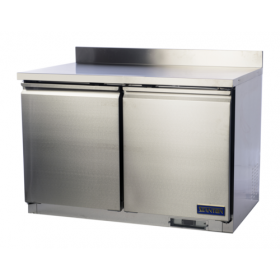 Stanton Trading two-section worktop freezer,  57"W, with a 3" backsplash, self-contained refrigeration, -11° to -1°F temperature range. Features a self-closing door, PVC-coated shelf, digital display with self-diagnostics, EZ slide-out condenser, stainless steel construction, (4) casters (2 with brakes), 1/2 HP, 115V, ETL-Sanitation, cETLus certified.