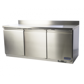 Stanton Trading three-section, worktop freezer,  67"W, with a 3" backsplash, self-closing doors, PVC-coated shelves, and digital display. Stainless steel construction, EZ slide-out condenser, -11° to -1°F temperature range, 5/8 HP, 115V, ETL-Sanitation, cETLus certified.