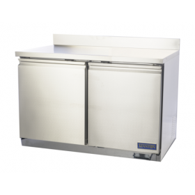 Stanton Trading two-section worktop refrigerator, 50-1/2"W, with a 3" backsplash, self-closing doors, PVC-coated shelves, and digital display. Stainless steel construction, EZ slide-out condenser, R600a refrigerant, 3/8 HP, 115V, ETL-Sanitation, cETLus certified.