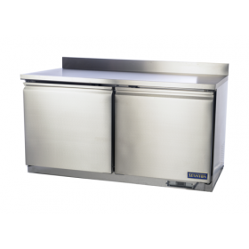 Stanton Trading two-section worktop refrigerator, 57"W with a 3" backsplash, self-closing doors, PVC-coated shelves, and digital display. Stainless steel construction, EZ slide-out condenser, R600a refrigerant, 3/8 HP, 115V, ETL-Sanitation, cETLus certified.