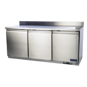 Stanton Trading three-section worktop refrigerator, 67"W, with a 3" backsplash, self-closing doors, PVC-coated shelves, and digital display. Stainless steel construction, EZ slide-out condenser, R600a refrigerant, 3/8 HP, 115V, ETL-Sanitation, cETLus certified.